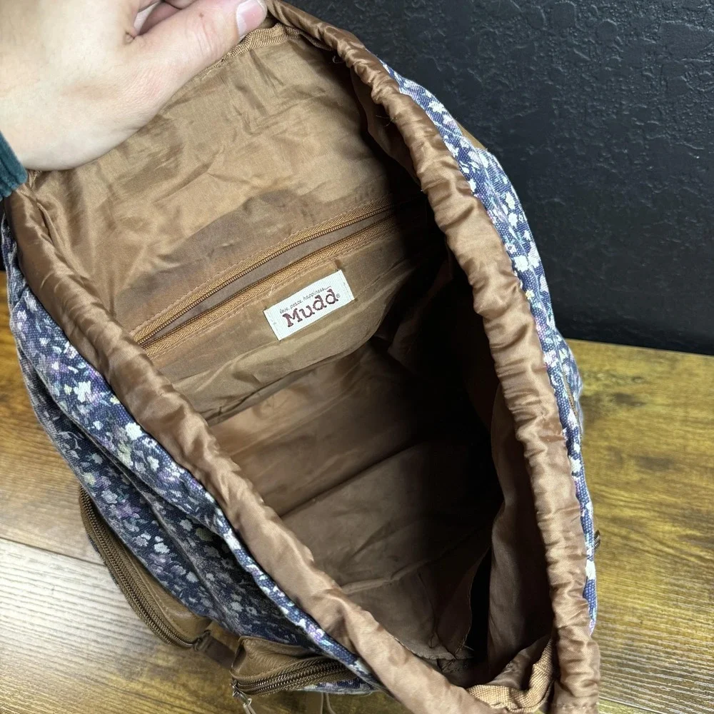 Mudd Floral Print Canvas Faux Leather‎ Trim Drawstring Backpack Womens Medium